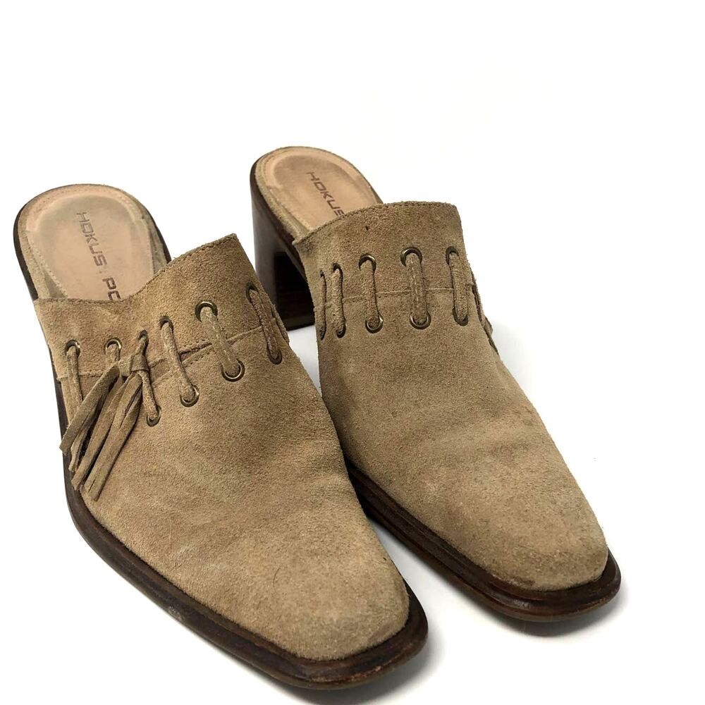 Hokus Pokus Bootie Mules 90's Square Toe Western Fringe Boho 7.5 Tan Suede Y2K